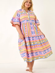 Roman Yellow Curve Stripe Print Boho Tiered Dress - Image 2 of 5