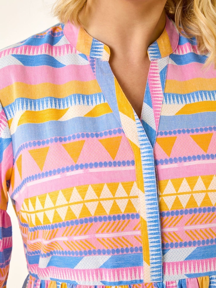 Roman Yellow Curve Stripe Print Boho Tiered Dress - Image 5 of 5