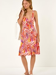 Roman Red Abstract Print V-Neck Frill Dress - Image 1 of 5