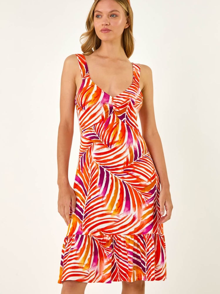 Roman Red Abstract Print V-Neck Frill Dress - Image 2 of 5