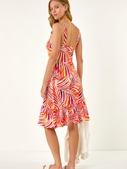 Roman Red Abstract Print V-Neck Frill Dress - Image 3 of 5