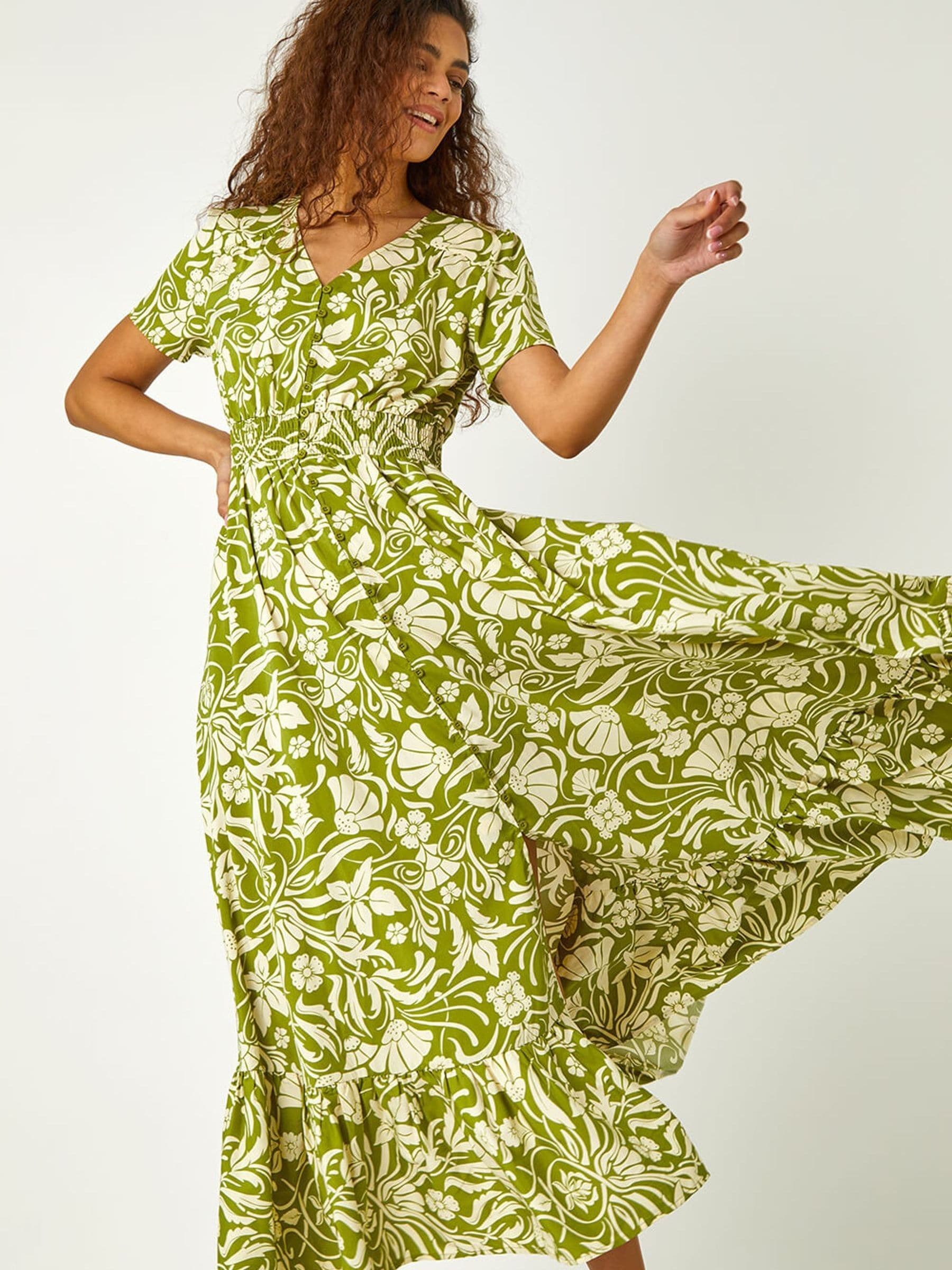 Buy Roman Green Floral Print Button Detail Maxi Dress from Next India