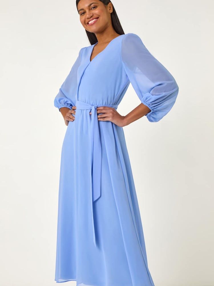 Roman Blue Chiffon V-Neck Midi Dress - Image 1 of 4