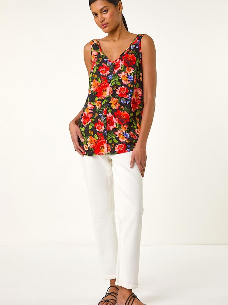 Roman Red Floral Buttoned Cami Top - Image 1 of 5 Roman Red Floral Buttoned Cami Top - Image 1 of 5