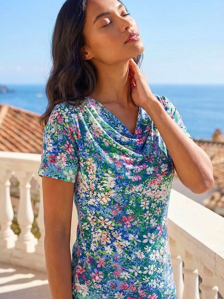 Roman Blue Floral Print Cowl Neck Stretch Top - Image 1 of 5 Roman Blue Floral Print Cowl Neck Stretch Top - Image 1 of 5