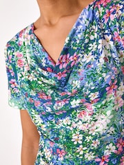 Roman Blue Floral Print Cowl Neck Stretch Top - Image 5 of 5