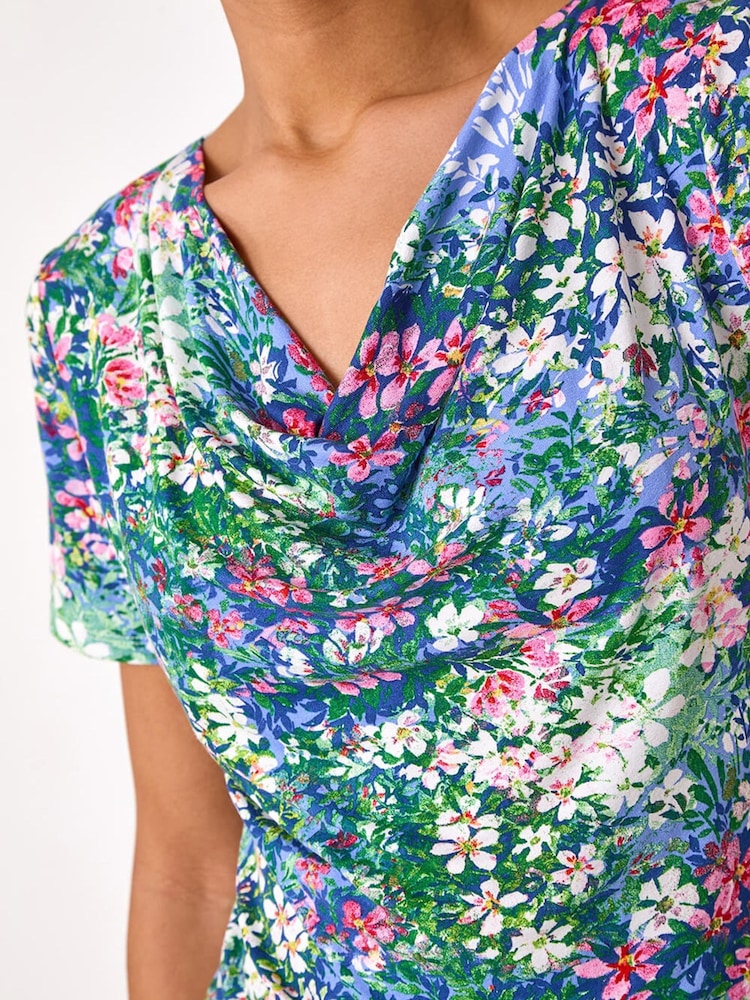 Roman Blue Floral Print Cowl Neck Stretch Top - Image 5 of 5 Roman Blue Floral Print Cowl Neck Stretch Top - Image 5 of 5