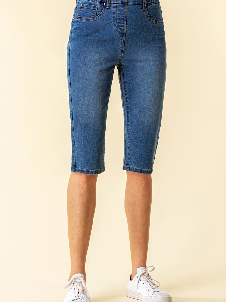 Roman Blue Stretch Knee Length Pedal Pusher Shorts - Image 1 of 5