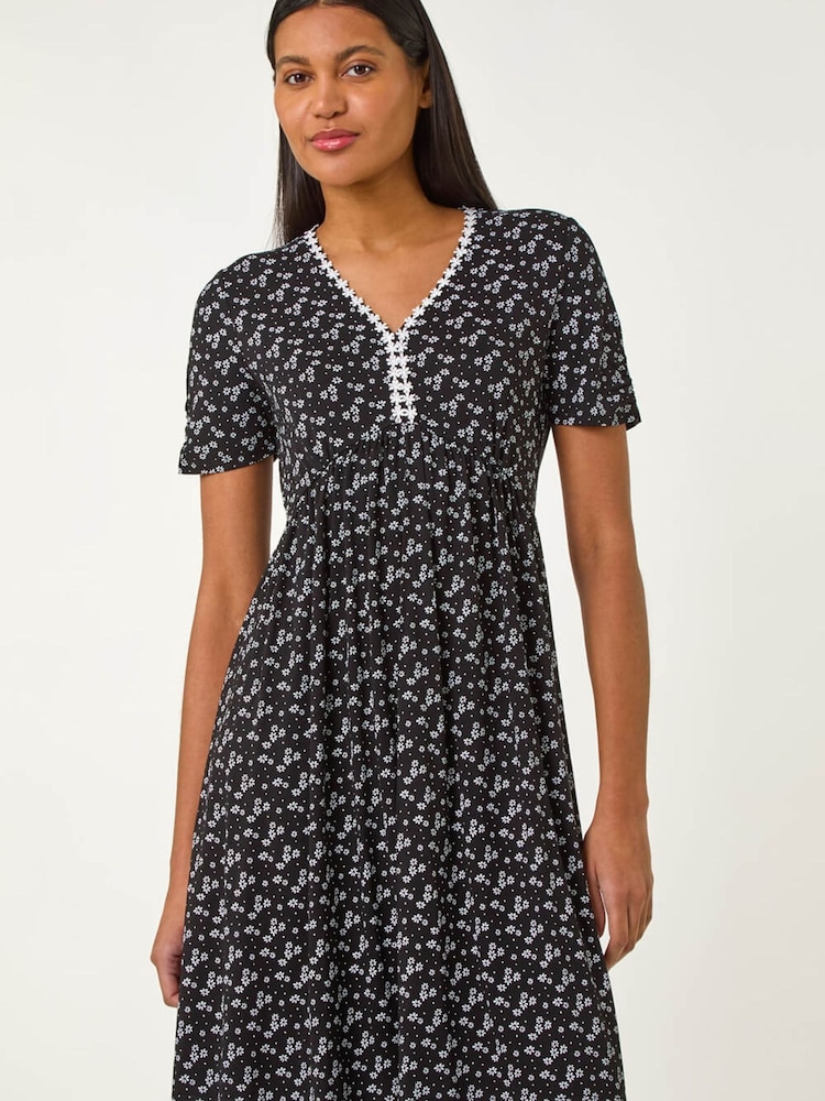 Roman Black Ditsy Floral Print Trim Dress - Image 2 of 5