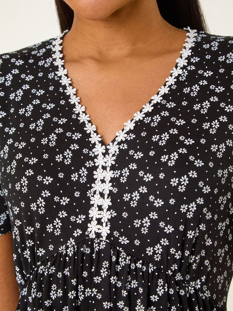 Roman Black Ditsy Floral Print Trim Dress - Image 5 of 5