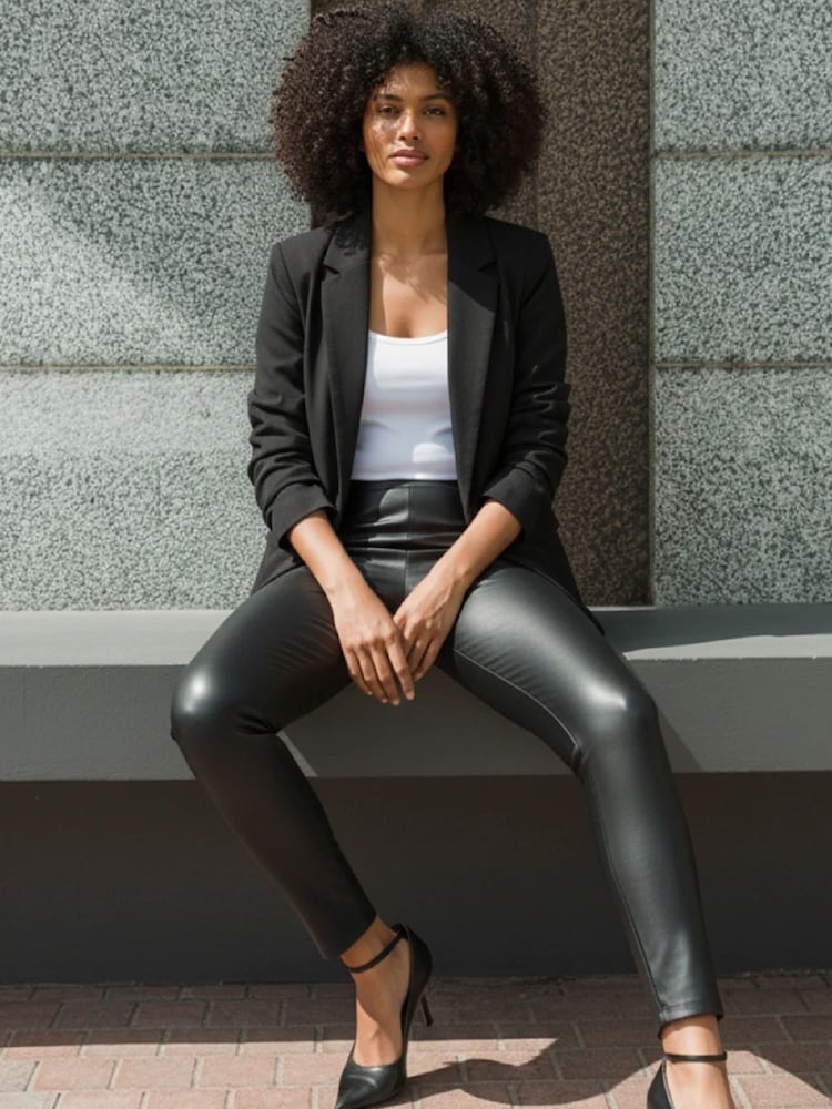 Roman Black Faux Leather Pull On Elastic Waist Trousers - Image 2 of 11