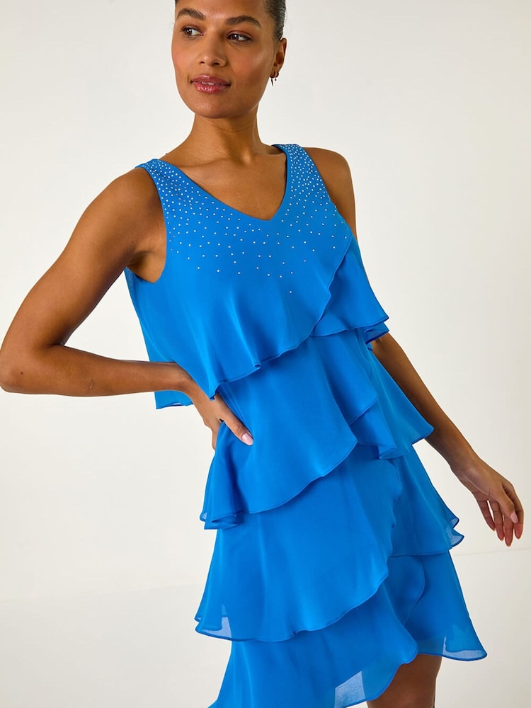 Roman Blue Embellished Hotfix Tiered Chiffon Dress - Image 1 of 5