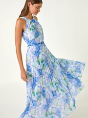 Roman Blue Floral Print Pleated Maxi Dress - Image 3 of 5