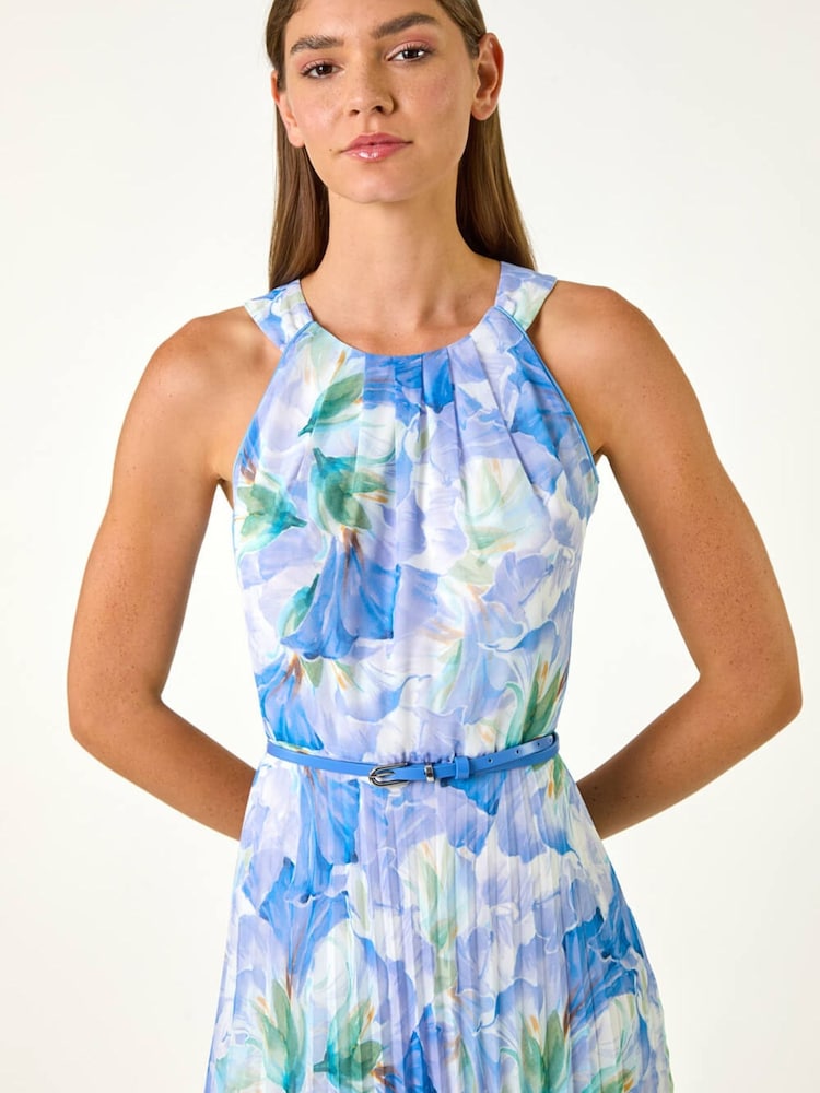 Roman Blue Floral Print Pleated Maxi Dress - Image 5 of 5