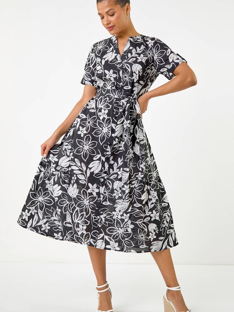 Roman Black Floral Print Tie Waist Midi Dress - Image 1 of 5 Roman Black Floral Print Tie Waist Midi Dress - Image 1 of 5