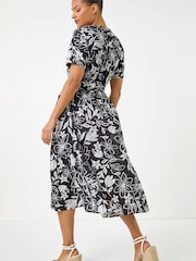 Roman Black Floral Print Tie Waist Midi Dress - Image 2 of 5