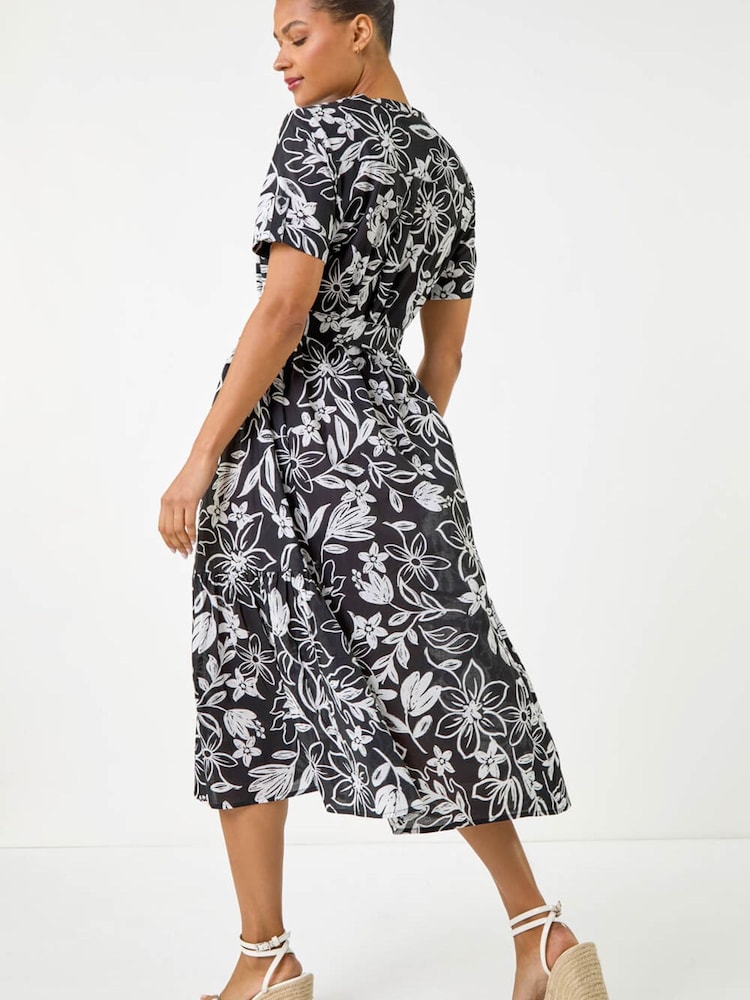 Roman Black Floral Print Tie Waist Midi Dress - Image 2 of 5 Roman Black Floral Print Tie Waist Midi Dress - Image 2 of 5