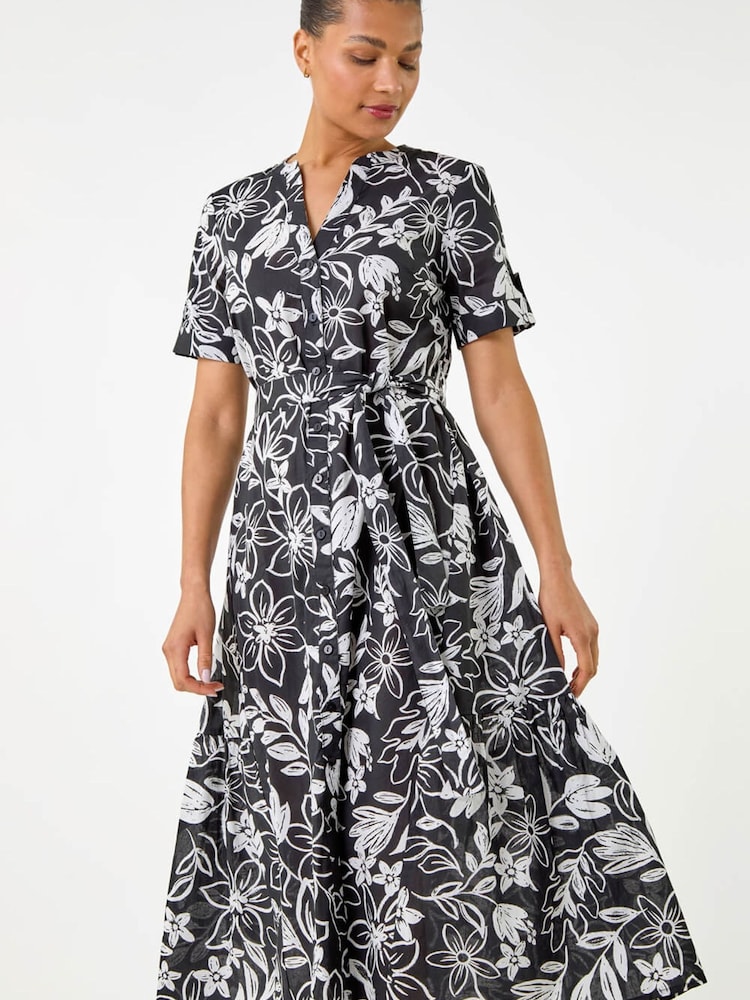 Roman Black Floral Print Tie Waist Midi Dress - Image 5 of 5 Roman Black Floral Print Tie Waist Midi Dress - Image 5 of 5
