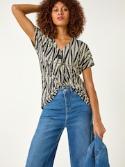 Roman White Abstract Print Front Pleat Stretch Top - Image 1 of 5