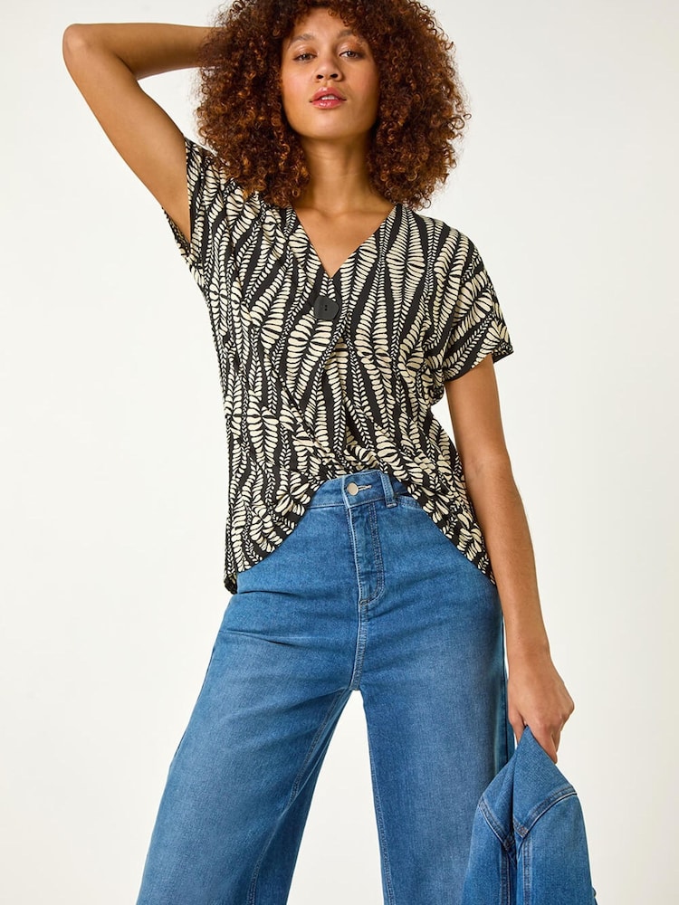 Roman White Abstract Print Front Pleat Stretch Top - Image 1 of 5