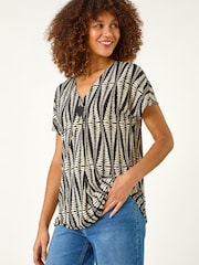 Roman White Abstract Print Front Pleat Stretch Top - Image 2 of 5