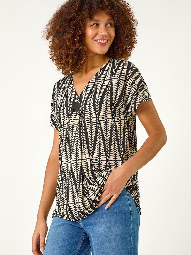 Roman White Abstract Print Front Pleat Stretch Top - Image 2 of 5