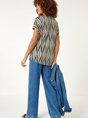 Roman White Abstract Print Front Pleat Stretch Top - Image 3 of 5