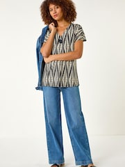 Roman White Abstract Print Front Pleat Stretch Top - Image 4 of 5