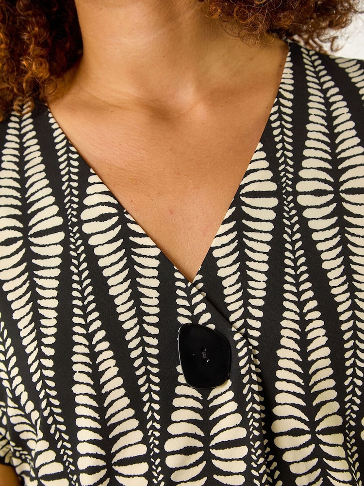 Roman White Abstract Print Front Pleat Stretch Top - Image 5 of 5