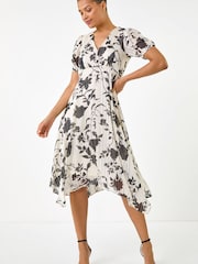 Roman Black Floral Print Hanky Hem Midi Dress - Image 1 of 5