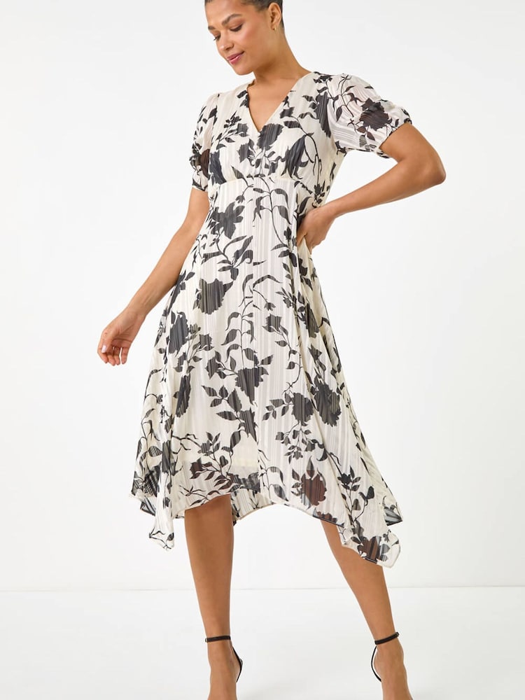 Roman Black Floral Print Hanky Hem Midi Dress - Image 1 of 5 Roman Black Floral Print Hanky Hem Midi Dress - Image 1 of 5