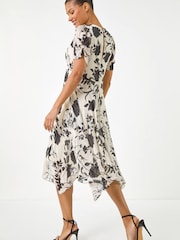Roman Black Floral Print Hanky Hem Midi Dress - Image 2 of 5
