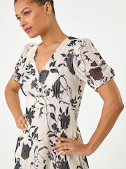 Roman Black Floral Print Hanky Hem Midi Dress - Image 4 of 5