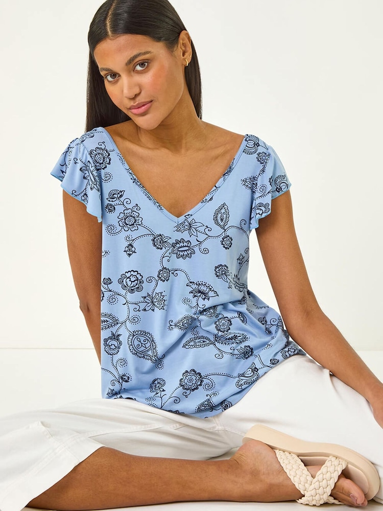 Roman Blue Floral Frill Shoulder Vest Top - Image 1 of 5