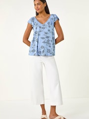 Roman Blue Floral Frill Shoulder Vest Top - Image 2 of 5