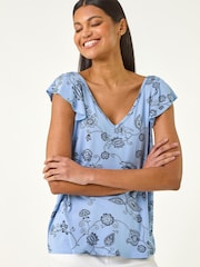 Roman Blue Floral Frill Shoulder Vest Top - Image 4 of 5