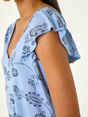 Roman Blue Floral Frill Shoulder Vest Top - Image 5 of 5