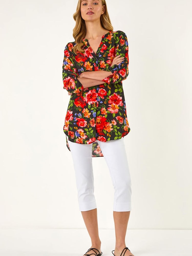 Roman Red Floral Longline Button Top - Image 2 of 5
