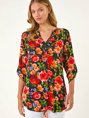 Roman Red Floral Longline Button Top - Image 4 of 5