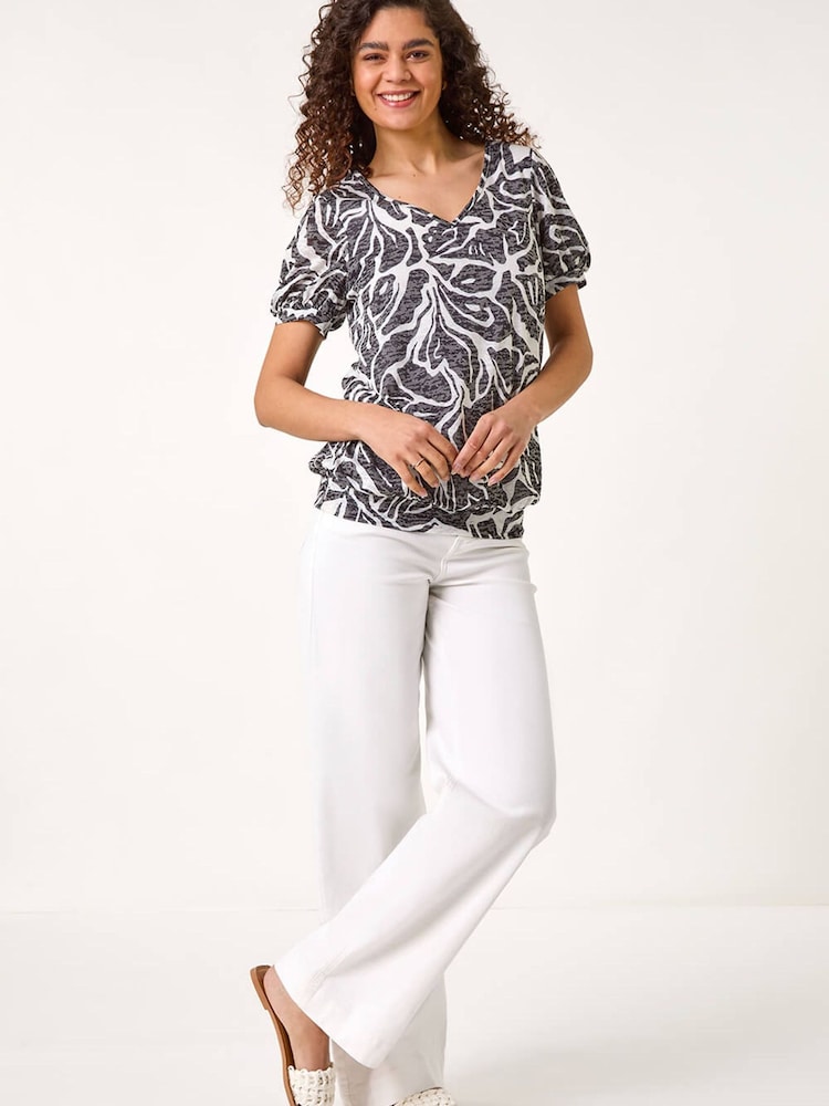 Roman Black Floral Burnout Print Blouson Top - Image 2 of 5 Roman Black Floral Burnout Print Blouson Top - Image 2 of 5