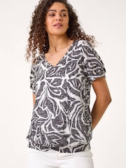 Roman Black Floral Burnout Print Blouson Top - Image 4 of 5