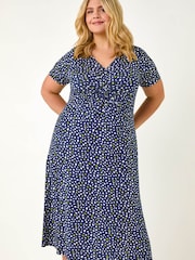 Roman Blue Curve Abstract Twist Front Midi Dress - Image 1 of 5