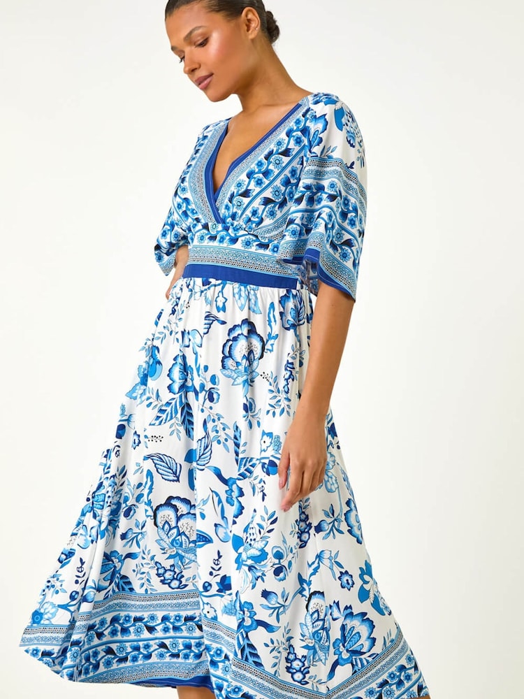 Roman Blue Floral Border Print Pocket Midi Dress - Image 1 of 5