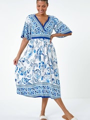 Roman Blue Floral Border Print Pocket Midi Dress - Image 2 of 5