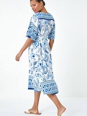 Roman Blue Floral Border Print Pocket Midi Dress - Image 3 of 5