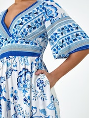 Roman Blue Floral Border Print Pocket Midi Dress - Image 5 of 5