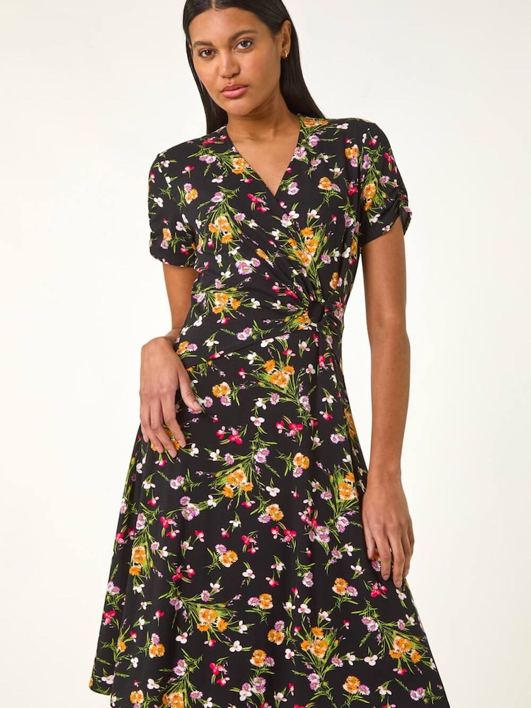 Roman Pink Floral Print Ring Detail Midi Dress - Image 1 of 5