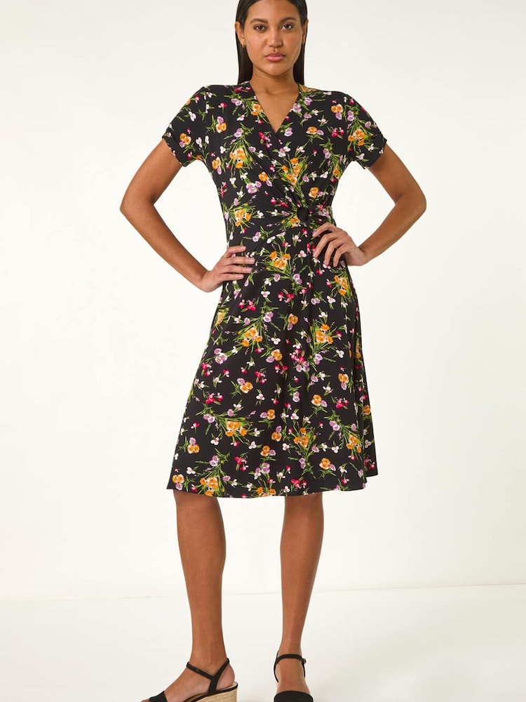 Roman Pink Floral Print Ring Detail Midi Dress - Image 2 of 5