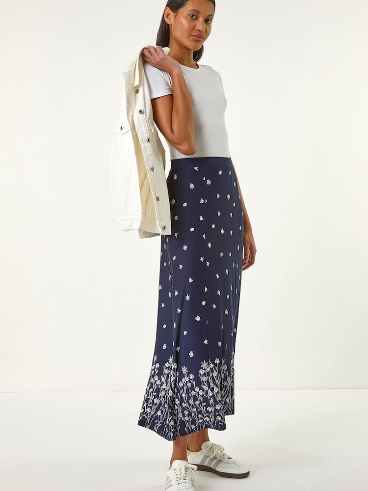 Roman Blue Floral Border Print Stretch Skirt - Image 2 of 5