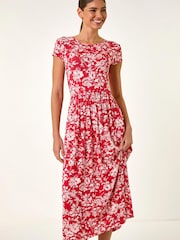 Roman Red Floral Print Stretch Midi Dress - Image 1 of 5